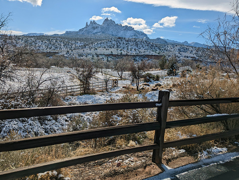Eagle Crags with new snow near entrance to Springdale Utah and Zion National Park along town bicycle lane near Majestic View Overlook