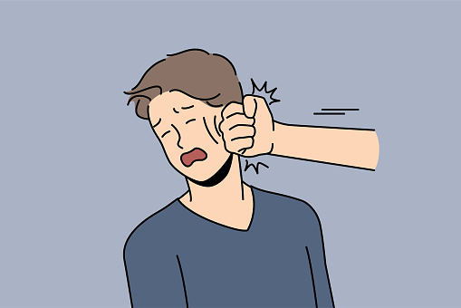 Hand punching unhappy young man in face. Stressed desperate guy get punched in fight or argument. Physical strength and violence. Vector illustration.