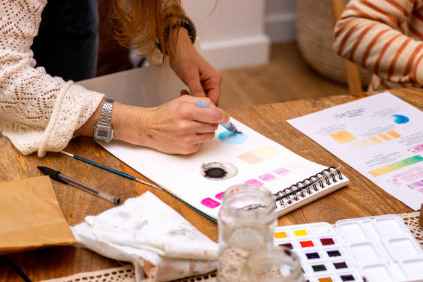 istock Painting workshop. Watercolor. Teacher teaches new painting techniques. 1458850106