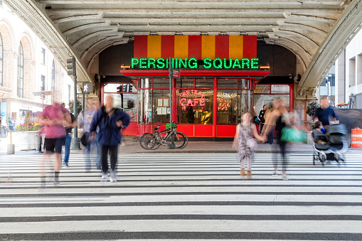 New York, USA - April 13, 2018: Pershing Square Central Cafe, located on 42nd street under the Park Avenue Viaduct in Midtown Manhattan, New York City, United States.