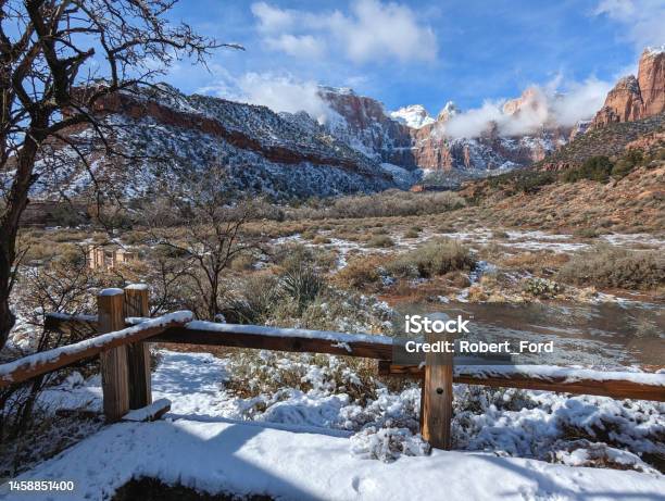 View Of The West Temple And The Altar Of Sacrifice After Snowfall Near The Human History Museum In Zion National Park Utah In Winter Stock Photo - Download Image Now