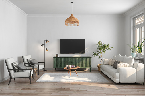 Interior de la sala de estar moderna con televisor, sofá, sillón, lámpara de pie y mesa de centro photo