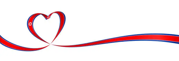 Vector illustration of North Korea - Long Ribbon Heart Flag Banner. North Korean Heart Shaped Flag. Stock Vector Illustration