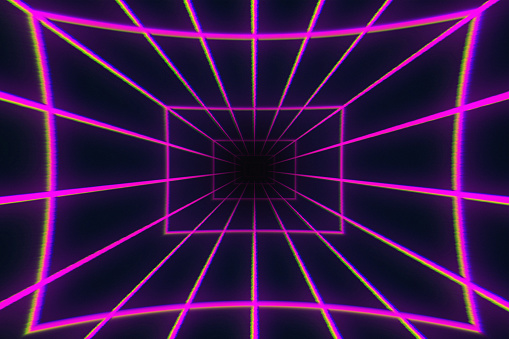 Abstract background with ultraviolet neon lights, empty frame, cosmic landscape, glowing tunnel door