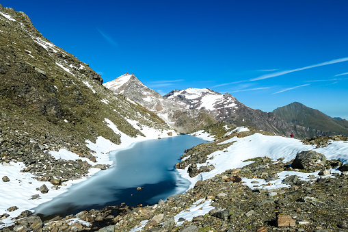 Panoramic view on the mountains of High Tauern Alps in Carinthia and Salzburg, Austria, Europe. Glacier lakes of the Goldbergkees in the Hohe Tauern National Park. Hoher Sonnblick. Snow