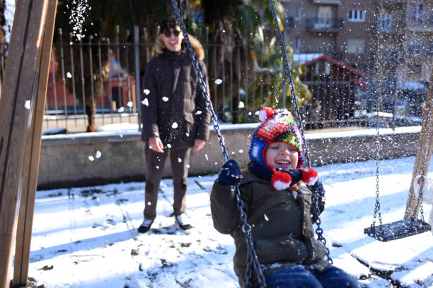 istock brothers playing in the park with snow 1458865575