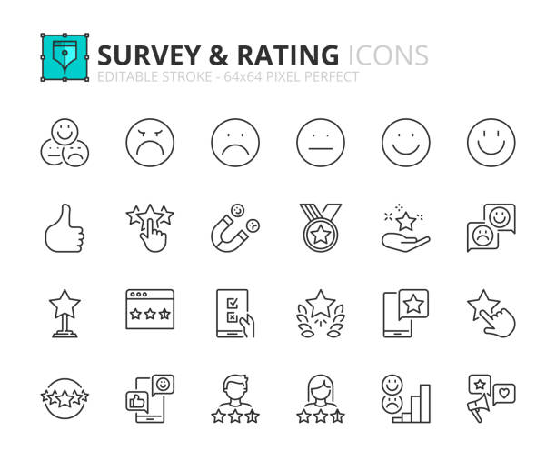 stockillustraties, clipart, cartoons en iconen met simple set of outline icons about survey and rating - tevredenheid