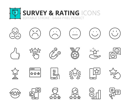 Line icons about survey and rating. Contains such icons as referral marketing, customer satisfaction, CRM, feedback and testimonials. Editable stroke Vector 64x64 pixel perfect