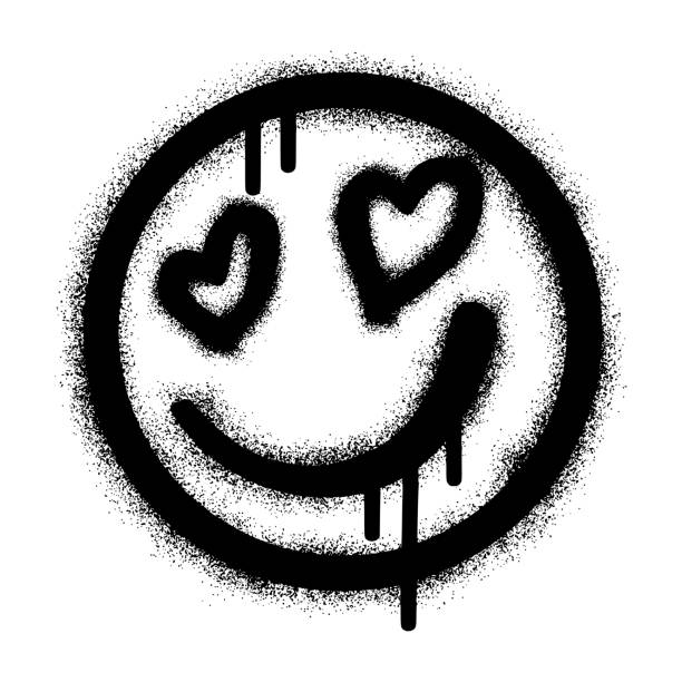 ilustraciones, imágenes clip art, dibujos animados e iconos de stock de graffiti de emoticono de cara sonriente con pintura negra en aerosol - spray paint vandalism symbol paint