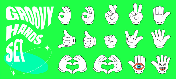 Retro groovy style hands set. Psychedelic hippie hand collection. Vintage hippy various palm sticker pack. Showing gestures victory, shaka, ok, rock and love. Abstract trendy y2k vector illustration