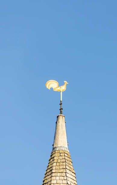 weather vane, gold cockerel on a church spire - roof roof tile rooster weather vane imagens e fotografias de stock