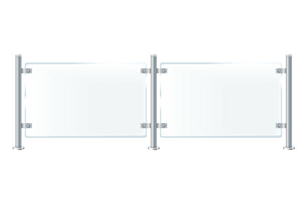 istock Glass or plexiglass fence with banisters. Architectural guardrail for balcony or office terrace. 1458871761