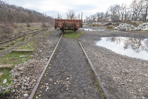 Old rusty industrial freight wagon in an abandoned train station. Train car claimed by nature.