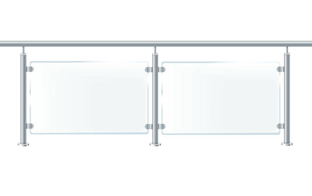 istock Glass or plexiglass fence with banisters. Architectural guardrail for balcony or office terrace. 1458872735