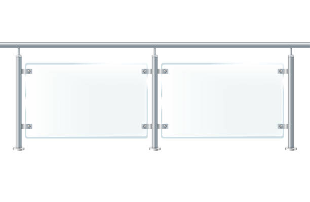 istock Glass or plexiglass fence with banisters. Architectural guardrail for balcony or office terrace. 1458873172