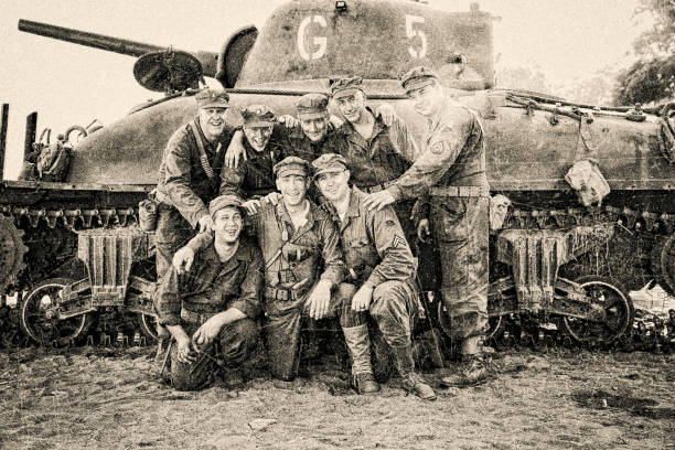 WWII M4 Sherman Tank Crew on D Day WWII M4 Sherman Tank Crew on D Day strong grain stock pictures, royalty-free photos & images