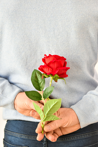 Photo of man holding a red rose behind his back. Valentine's day concept.