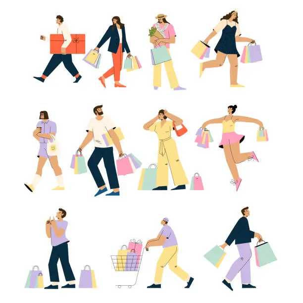 Vector illustration of Collection of people carrying shopping bags with purchases. Men and women taking part in seasonal sale at store, shop, mall.
