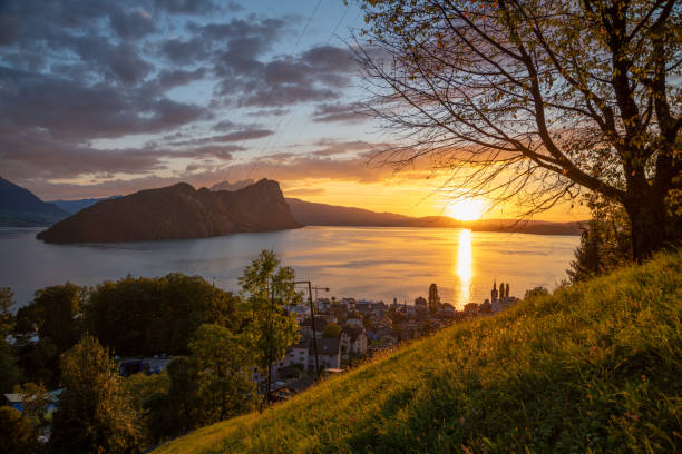 A small village on the lake during a sunset.Vitznau
