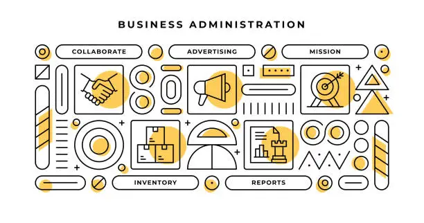 Vector illustration of Business Administration Infographic Concept with geometric shapes and Collaborate,Advertising,Mission,Reports Line Icons