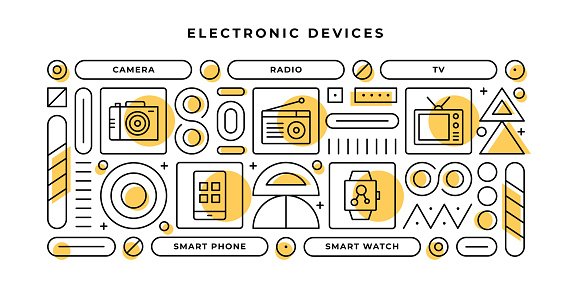 Electronic Devices Infographic Concept with geometric shapes and Camera,Radio,Tv,Smart Phone Line Icons