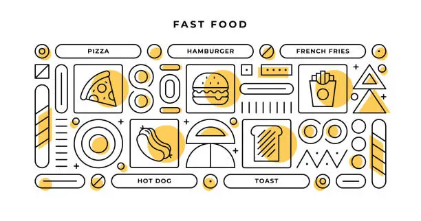 Vector illustration of Fast Food Infographic Concept with geometric shapes and Pizza,Hamburger,Hot Dog,Toast Line Icons