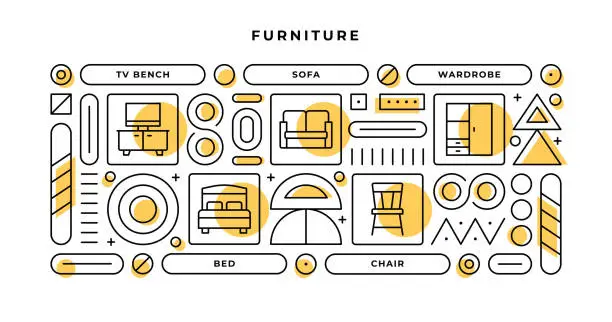 Vector illustration of Furniture Infographic Concept with geometric shapes and Tv Bench,Sofa,Wardrobe,Bed Line Icons