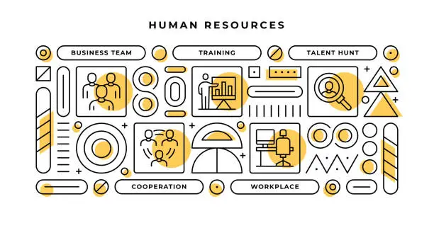 Vector illustration of Human Resources Infographic Concept with geometric shapes and Business Team,Training,Cooperation,Workplace Line Icons