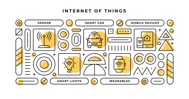 Vector illustration of Internet of Things Infographic Concept with geometric shapes and Sensor,Smart Car,Mobile Devices,Wearables Line Icons