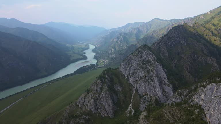 Aerial view of the turquoise mountain river Katun