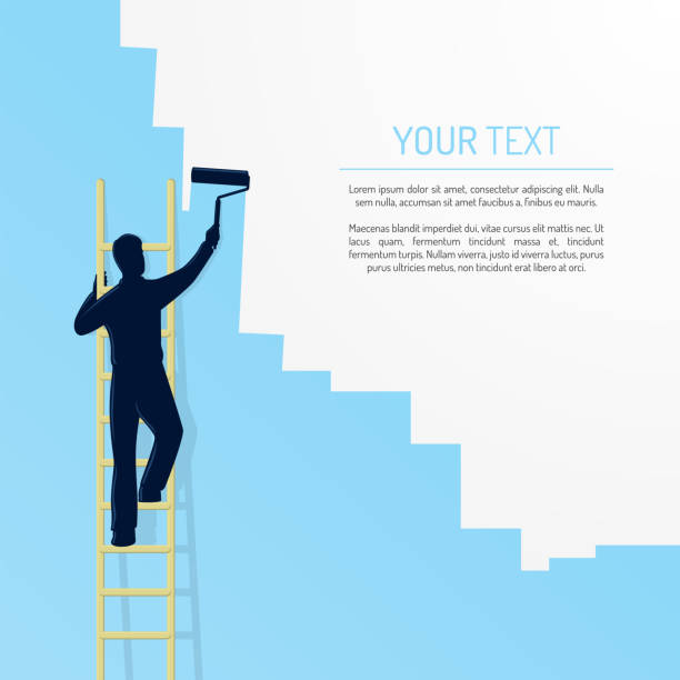 Man painting a wall on a ladder with copy space for text vector art illustration