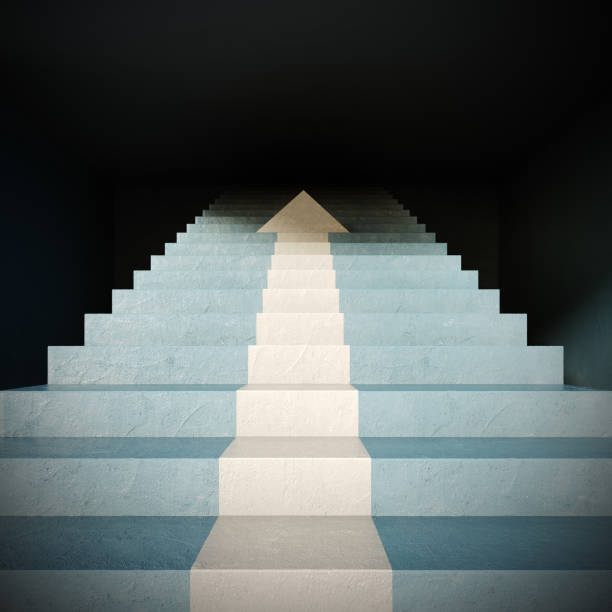 istock Front view on blue stairs with painted white arrow pointing up. Business progress concept background 1458895562