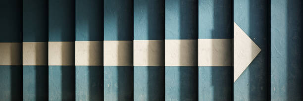 istock Top view on blue stairs with painted white arrow pointing up. Business progress concept background 1458895582