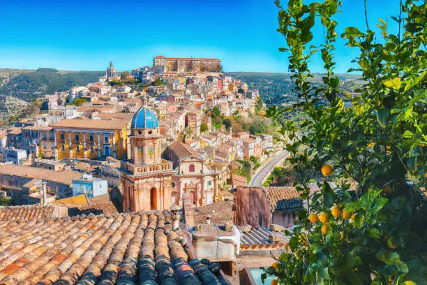 Sunrise at the old baroque town of Ragusa Ibla in Sicily. Historic center called Ibla builded in late Baroque Style. Ragusa, Sicily, Italy, Europe.