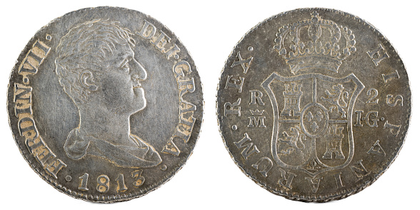 Ancient Spanish silver coin of the King Fernando VII. 1813. Coined in Madrid. 2 Reales.