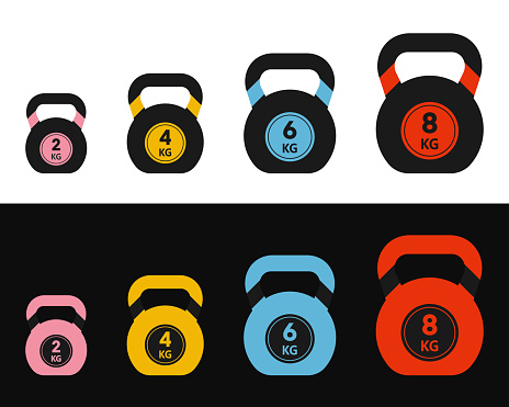 Kettlebell weights icons set, Fitness Kettlebell vector with different weights 2kg, 4kg, 6kg, 8kg