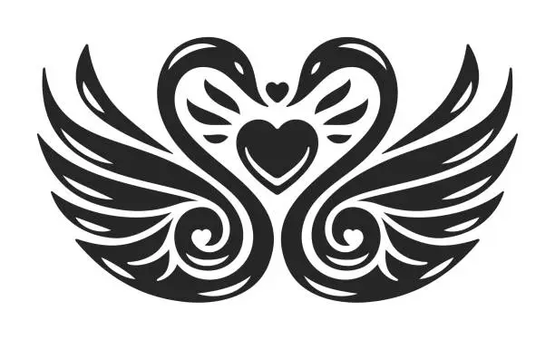 Vector illustration of Love symbol. Tattoo with two swans wings and heart. Vector