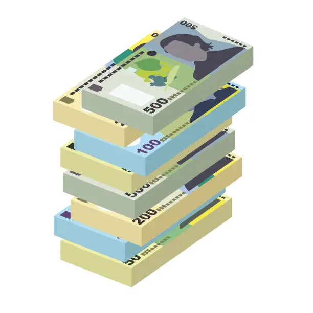 Vector illustration of Romanian Leu Vector Illustration. Romania money set bundle banknotes. Paper money 50, 100, 200, 500 RON. Flat style. Isolated on white background. Simple minimal design.