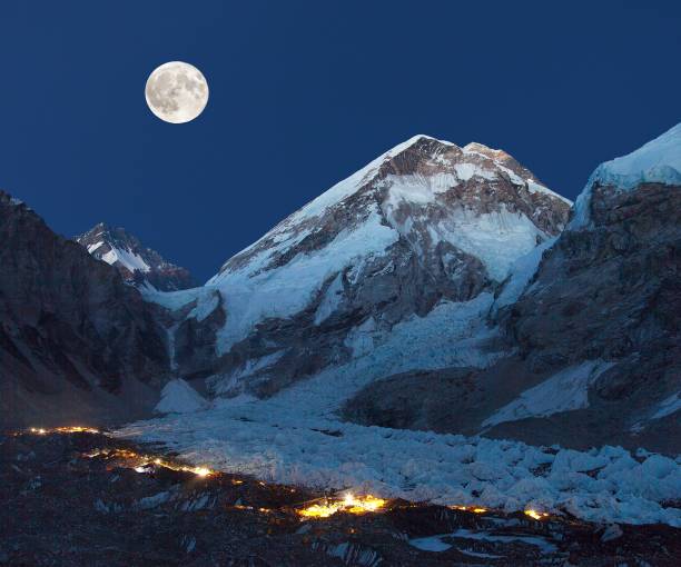 Night panoramic view of Mount Everest base camp stock photo