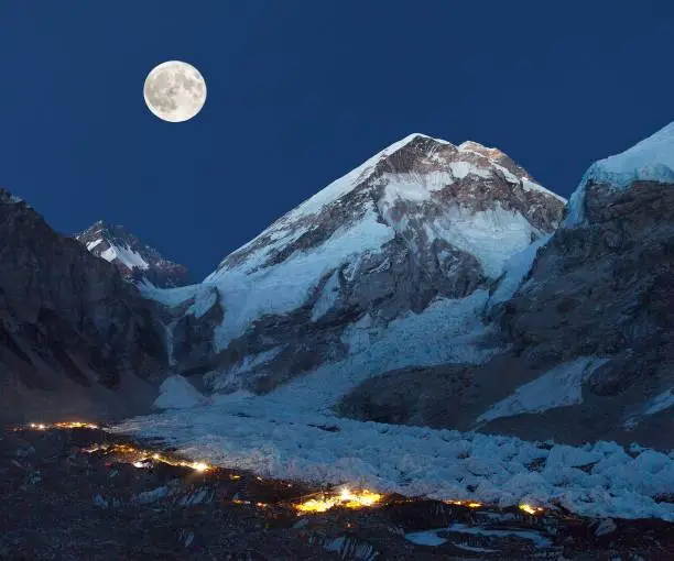 Night panoramic view of Mount Everest base camp with illuminated tents and moon, Everest area, Khumbu glacier, Sagarmatha national park, Nepal Himalayas mountains