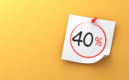 3d rendering 40% percent off handwriting sticky note and Red Push Pin On Yellow Background