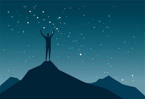 person standing on the peak under the starry sky at night, This is a set of business illustrations