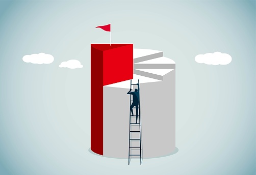 Man struggling to climb ladder to reach goal, This is a set of business illustrations