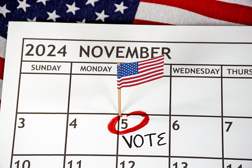 American flag and a red circle on November 5 Presidential Election Day 2024
