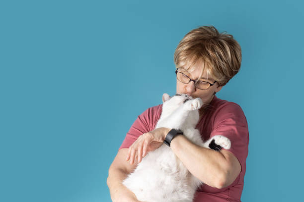 ピンクのtシャツを着た金髪の女性が白い猫を抱きしめてキスしている - real people blue white friendship ストックフォトと画像