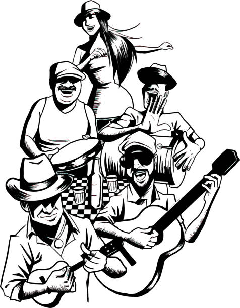 Roda de Samba roda de samba com tantam, cavaco, violão, pandeiro, cerveja e mulher passista sambando samba dancing stock illustrations