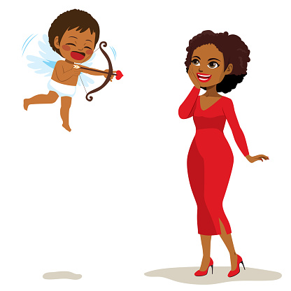 Matchmaking love cupid trying to hit beautiful young woman in red fashionable dress. Vector illustration of happy angel celebrating Saint irl