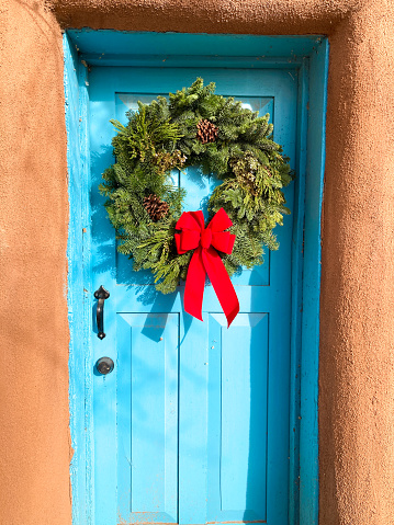 Santa Fe Style: Green Christmas Wreath, Rustic Turquoise Door