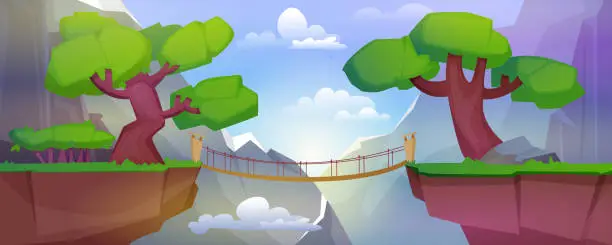 Vector illustration of Summer landscape with mountains and suspension bridge above precipice between cliffs