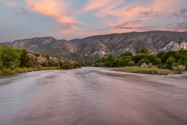 Rio Grande in Pilar, Taos County, New Mexico at sunset stock photo